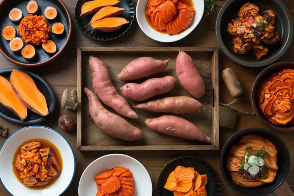 Roasted Korean sweet potatoes on a baking tray with crispy skin and soft interior.