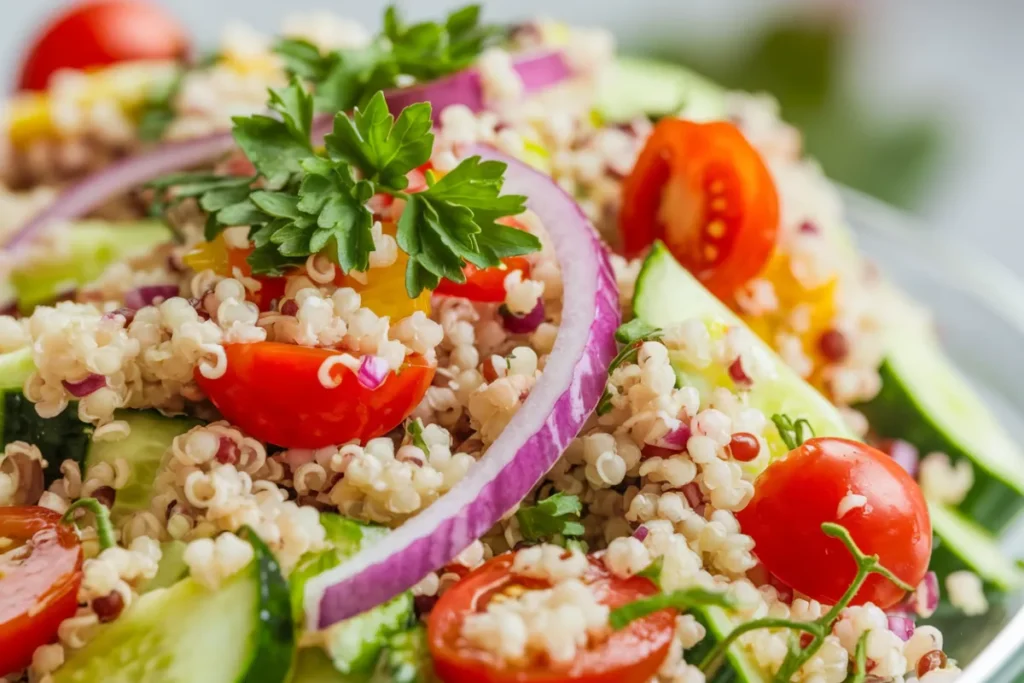 A container of quinoa salad with vegetables and herbs stored in the fridge.