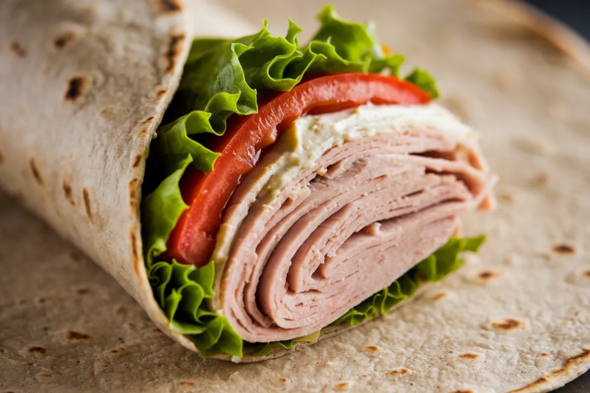 Perfectly rolled turkey wrap with fresh ingredients inside a tortilla