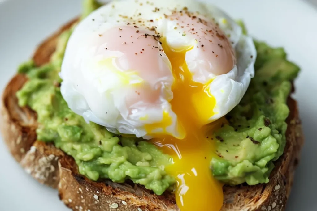 Avocado toast topped with a perfectly poached egg