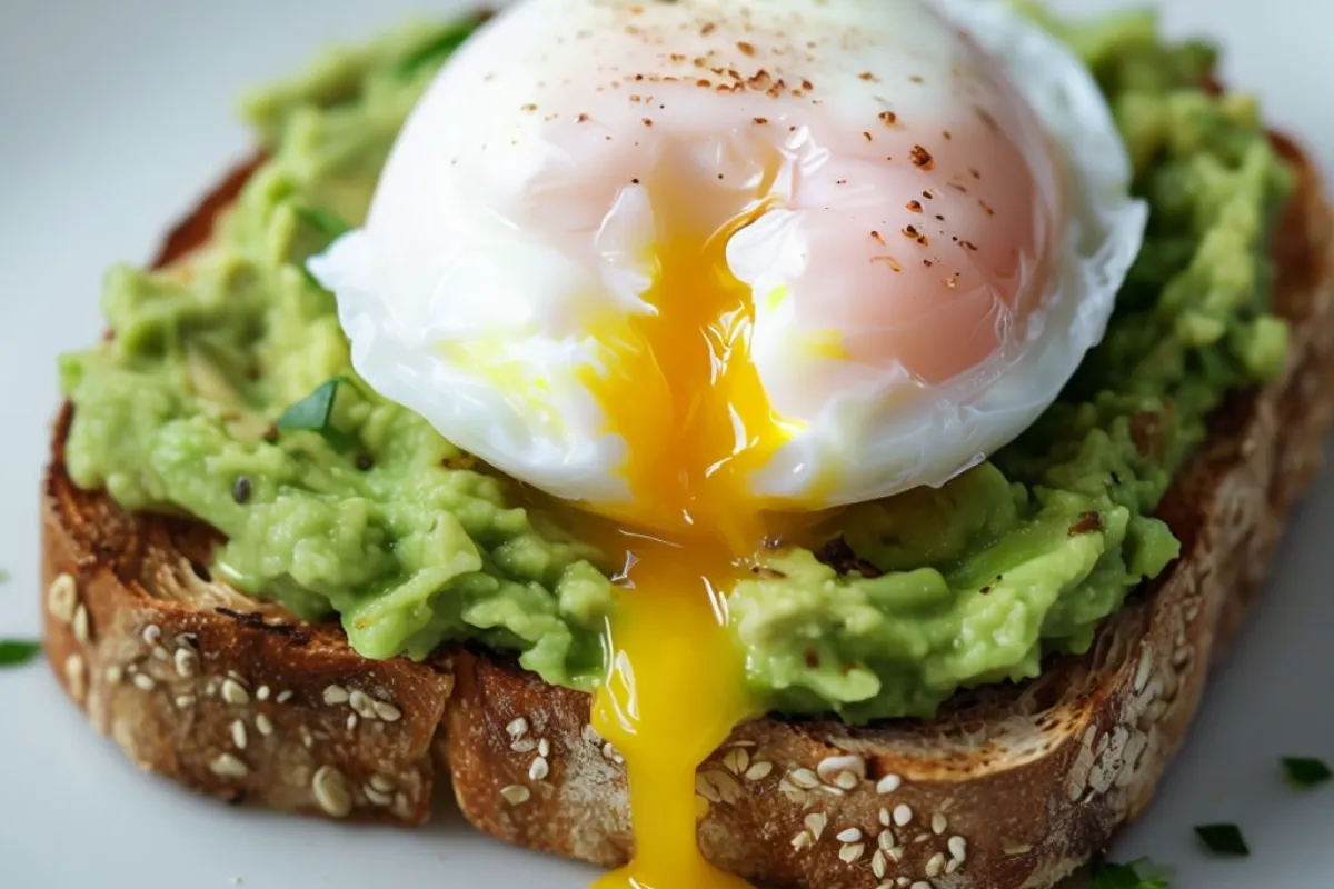 Avocado toast with poached egg on top, served on a plate