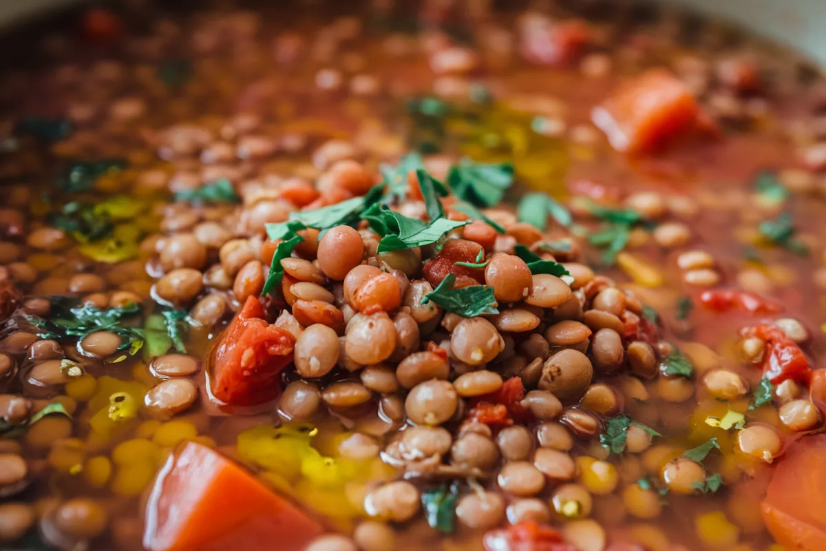 A bowl of Mediterranean lentil soup garnished with fresh parsley