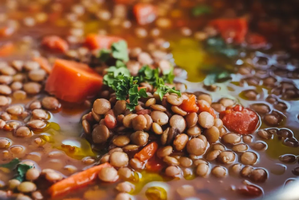 Cooked lentils in a bowl with fresh herbs, part of a Mediterranean meal.