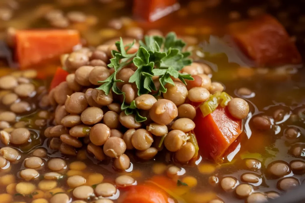 Bowl of red lentil soup with fresh herbs on top