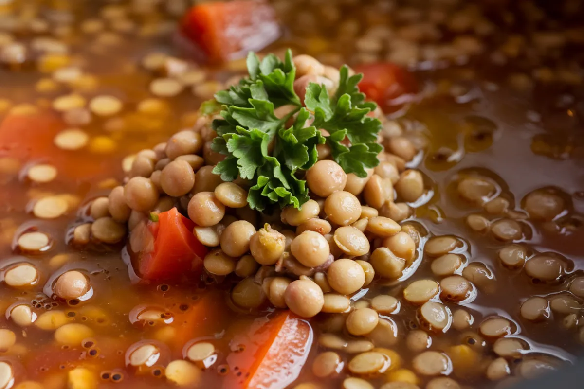 Bowl of Lebanese lentil soup garnished with parsley