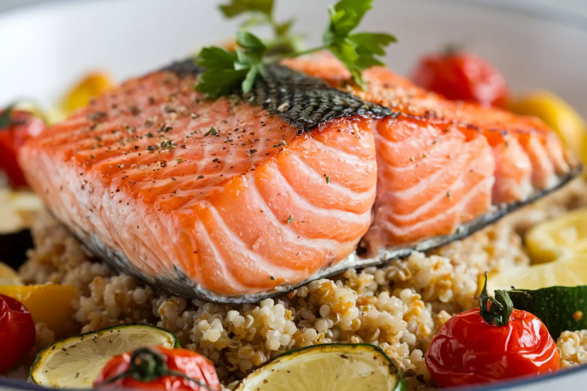 Salmon fillet on a bed of quinoa with vegetables and herbs