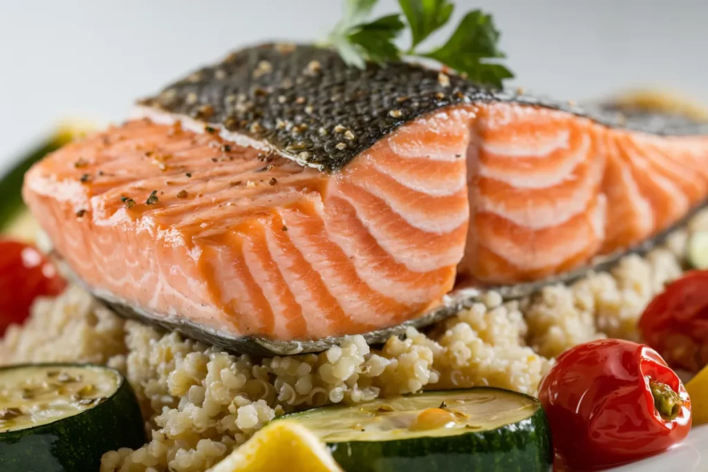 Grilled salmon fillet with herbs on a plate with vegetables