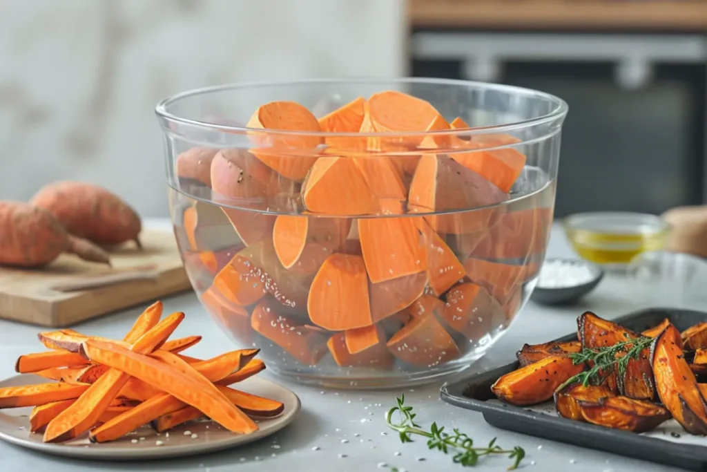 Soaked sweet potatoes ready to cook