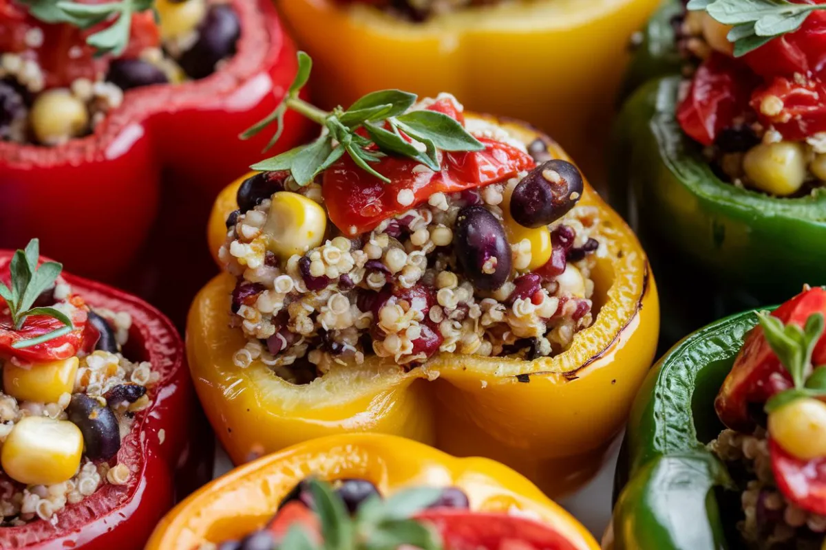 Stuffed bell peppers served with a side salad and roasted vegetables