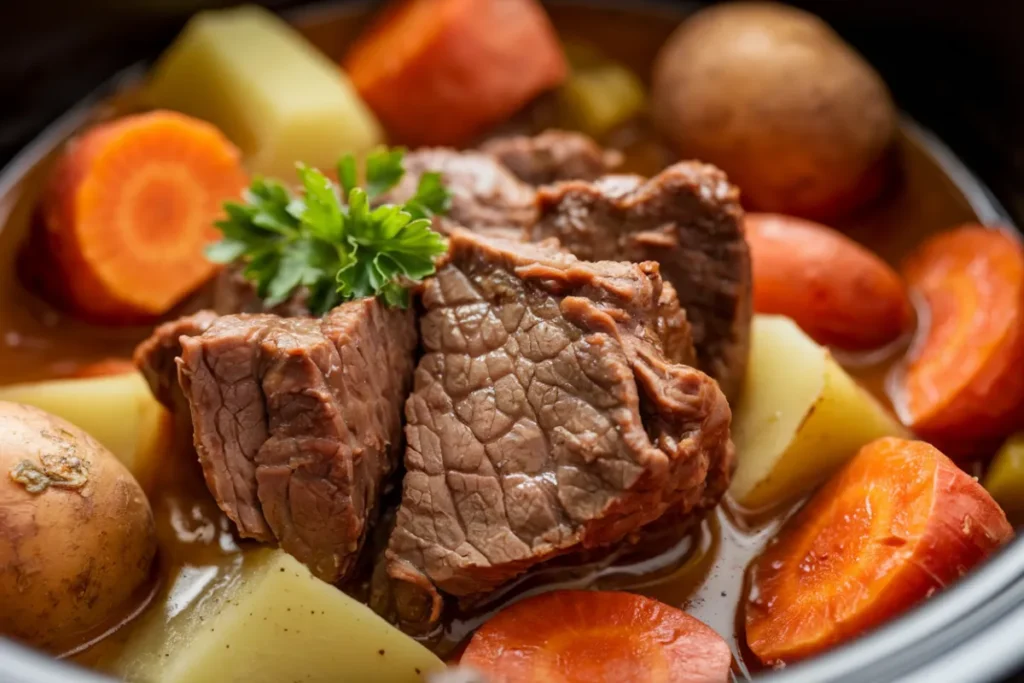 Bowl of slow cooker beef stew with carrots, potatoes, and beef