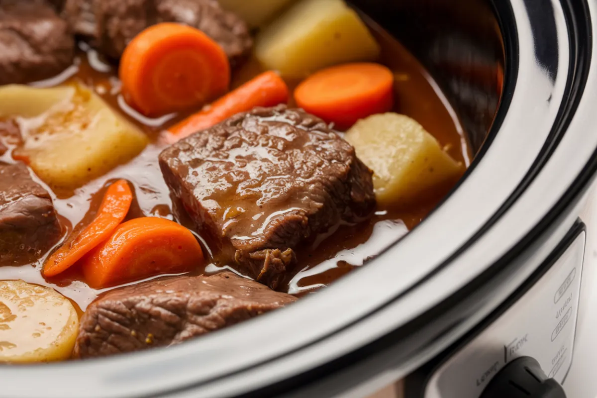 Stew ingredients in a slow cooker on low setting