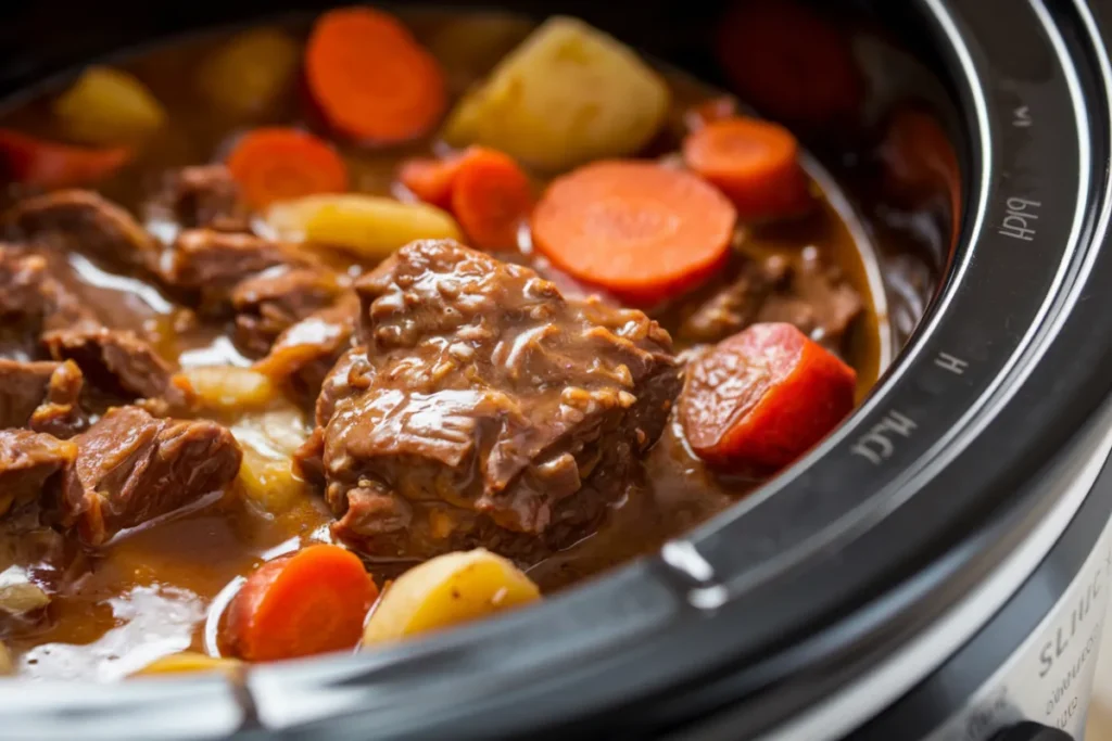 Rich beef stew simmering in a pot with vegetables and herbs