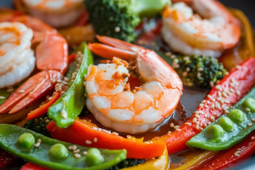 Shrimp stir-fry with vegetables in a wok