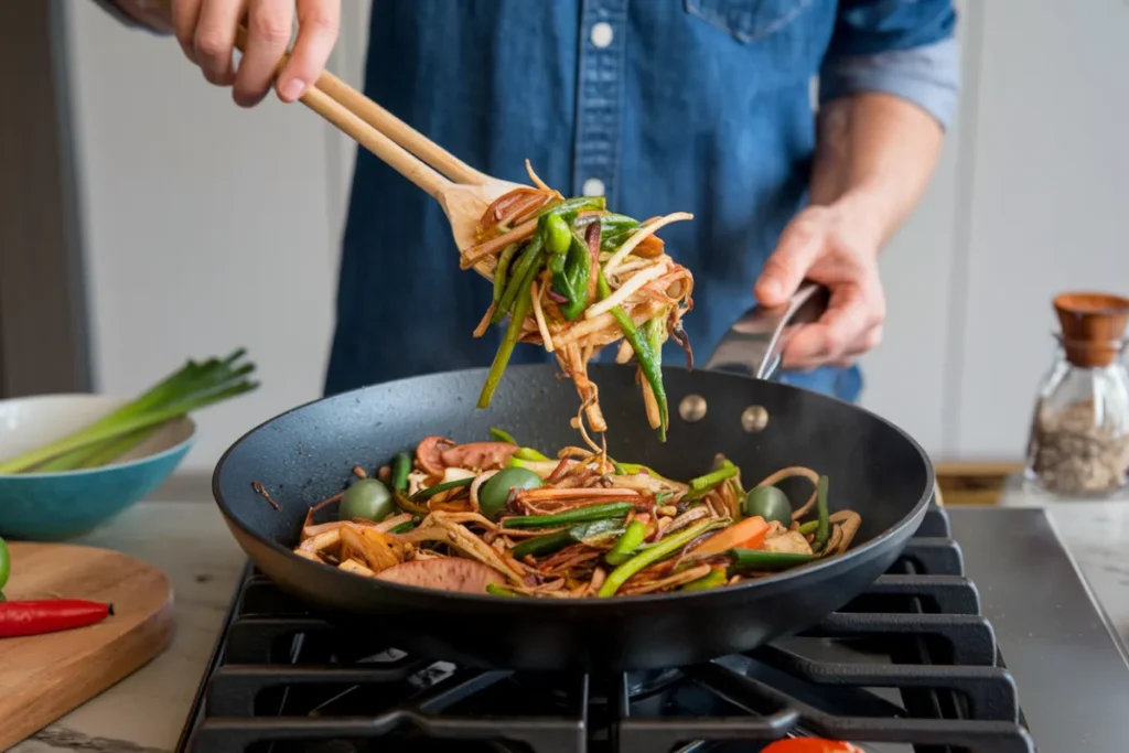 Vegetables and meat stir-frying in a wok on high heat