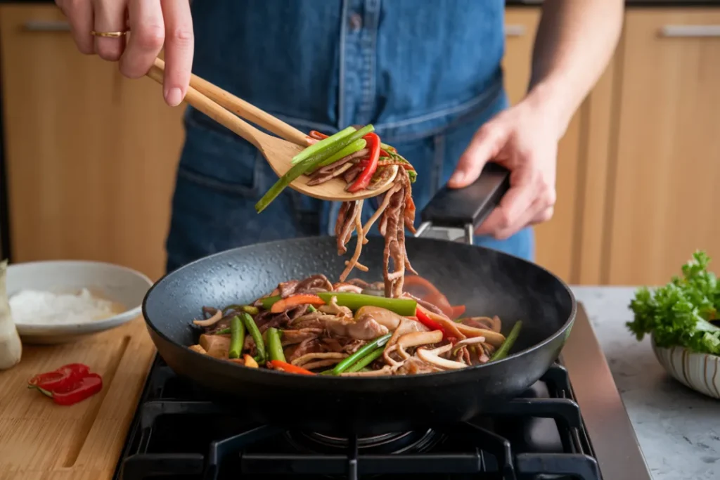 Stir-frying vegetables and meat in a wok on high heat