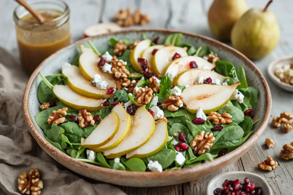 A fresh Pear Walnut Salad with balsamic vinaigrette