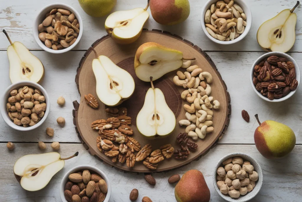 Pears with walnuts and pecans on a wooden table