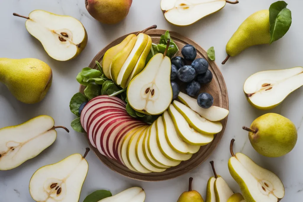 Sliced pears with walnuts and balsamic vinaigrette in a bowl