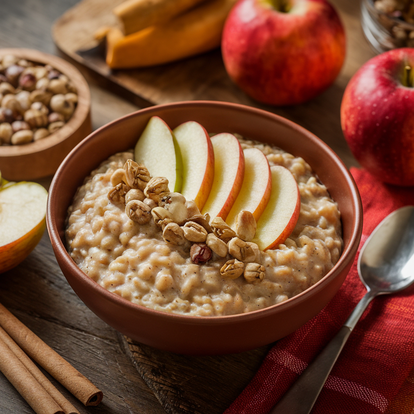 A warm bowl of apple cinnamon oatmeal topped with fresh apple slices and a sprinkle of cinnamon.