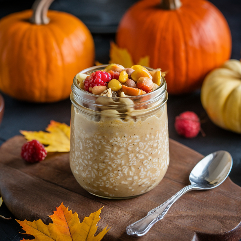 A jar of overnight oats with toppings on a wooden table.