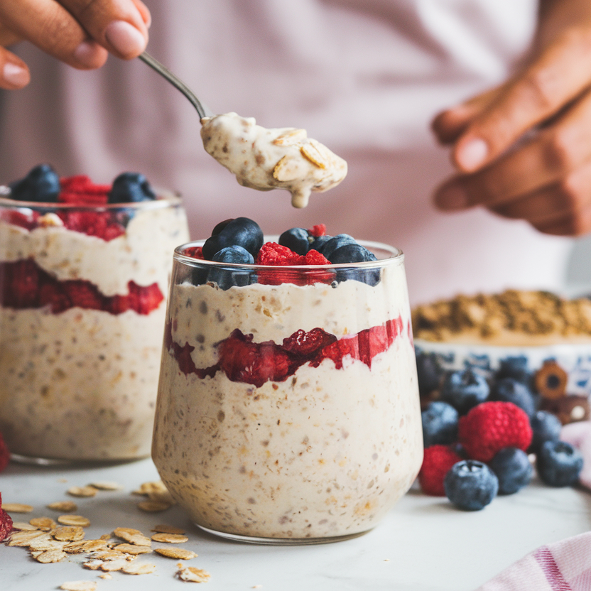 A jar of creamy overnight oats topped with fresh fruit and nuts.