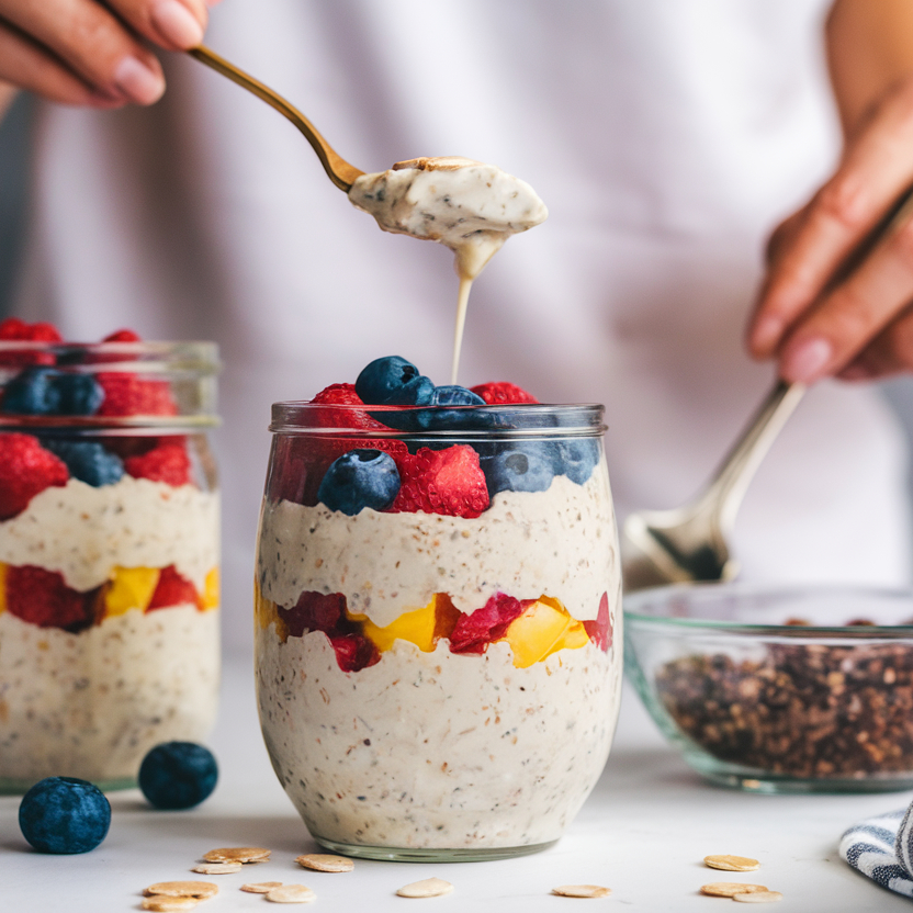 A jar of overnight oats with fresh berries and nuts on top.