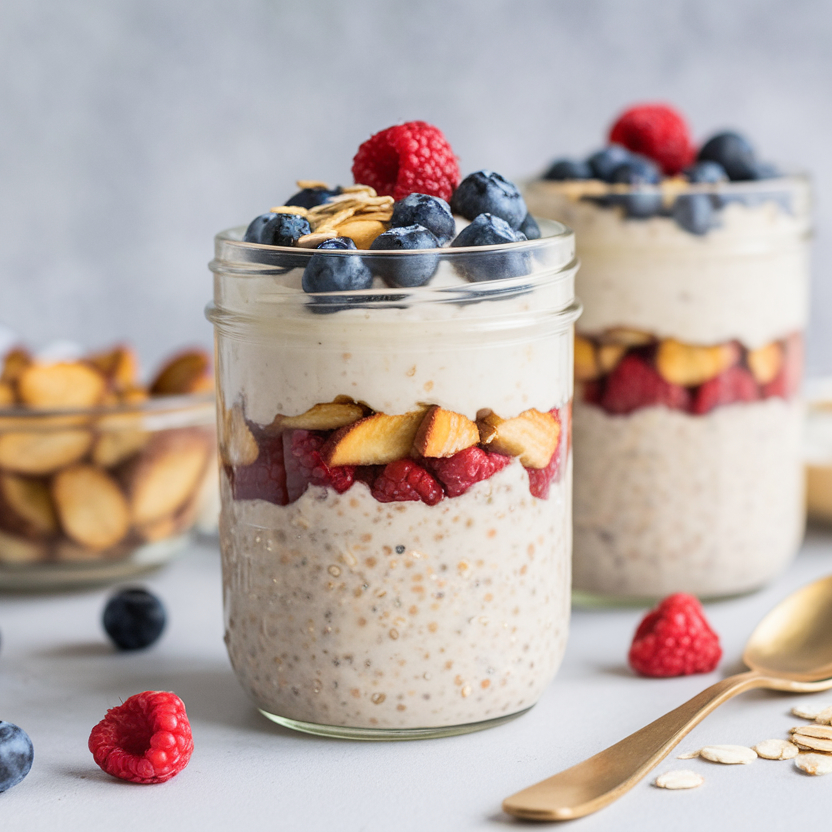 A jar of uncooked overnight oats with fresh fruit and a spoon.