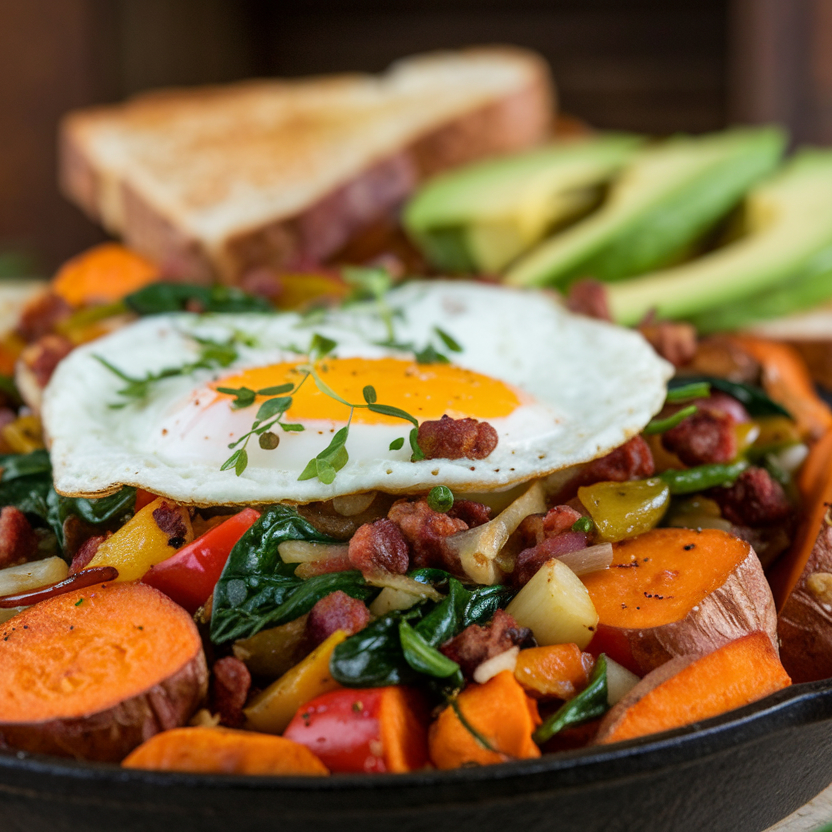 A skillet filled with sweet potato breakfast hash topped with fried eggs.