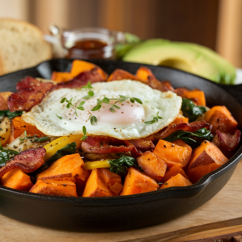 A serving of roasted sweet potatoes with avocado and greens on a plate.