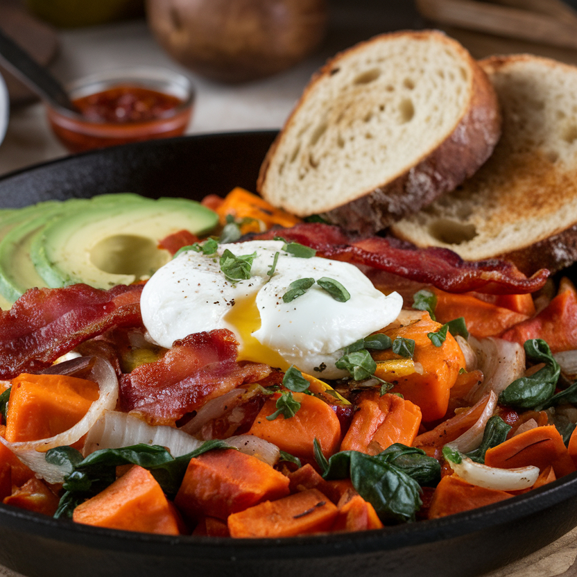 A skillet of sweet potato hash topped with fried eggs.