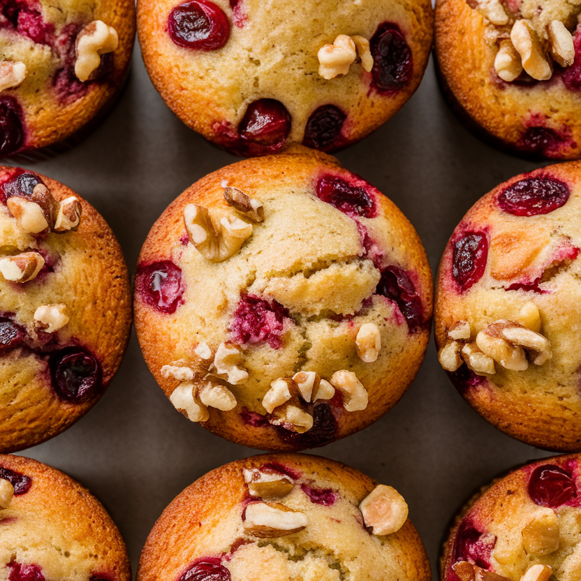 Freshly baked cranberry walnut muffins cooling on a wire rack.