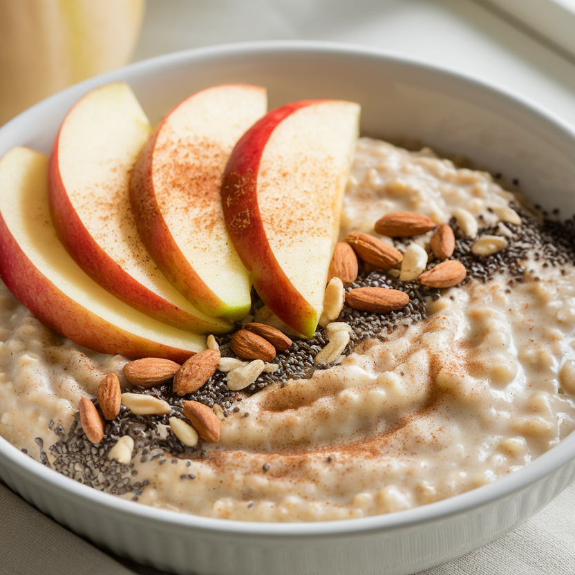 A warm bowl of oatmeal topped with apple slices and cinnamon.