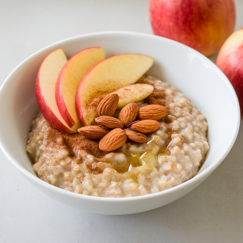 A bowl of oatmeal with apple slices and a sprinkle of cinnamon.