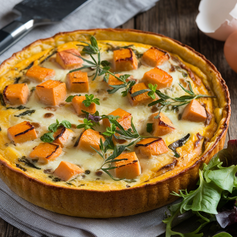 A freshly baked butternut squash frittata in a cast iron skillet.