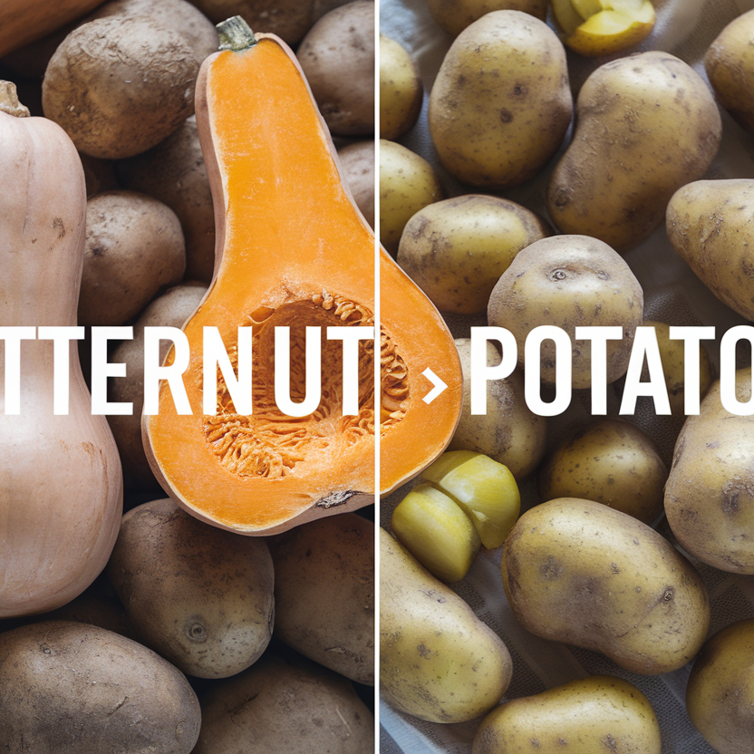 A side-by-side comparison of roasted butternut squash and potatoes on a wooden tray.