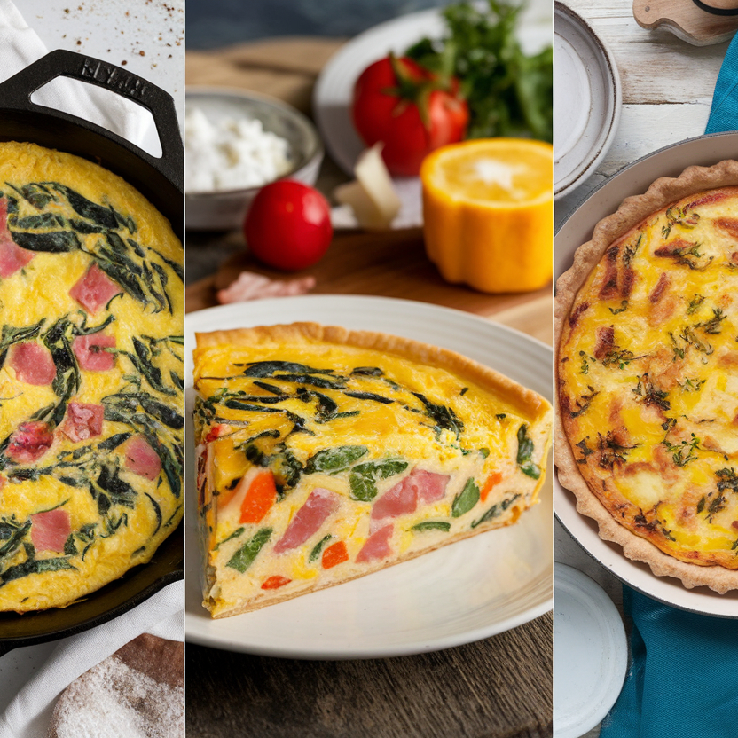 A comparison of a frittata, an omelette, and a quiche displayed side by side.