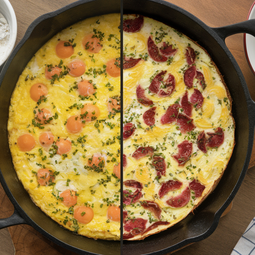 A fluffy frittata served in a cast-iron skillet with herbs and cheese.