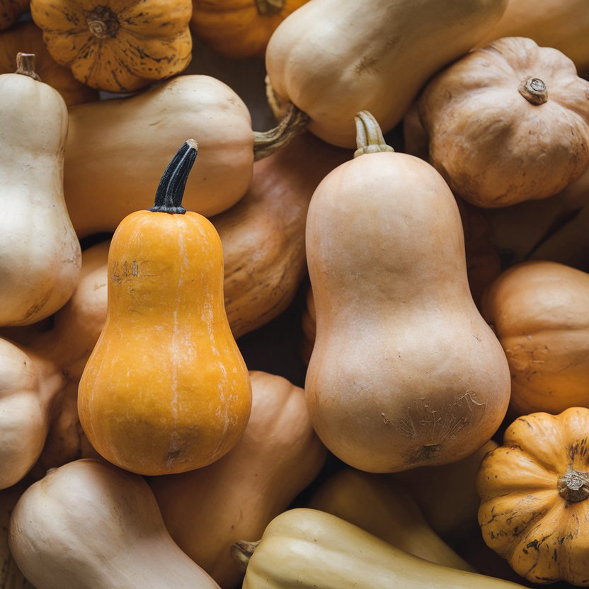 Side-by-side comparison of honeynut squash and butternut squash on a wooden table.