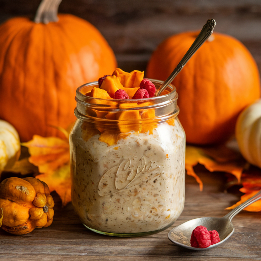 Jar of creamy pumpkin overnight oats topped with pecans and maple syrup.